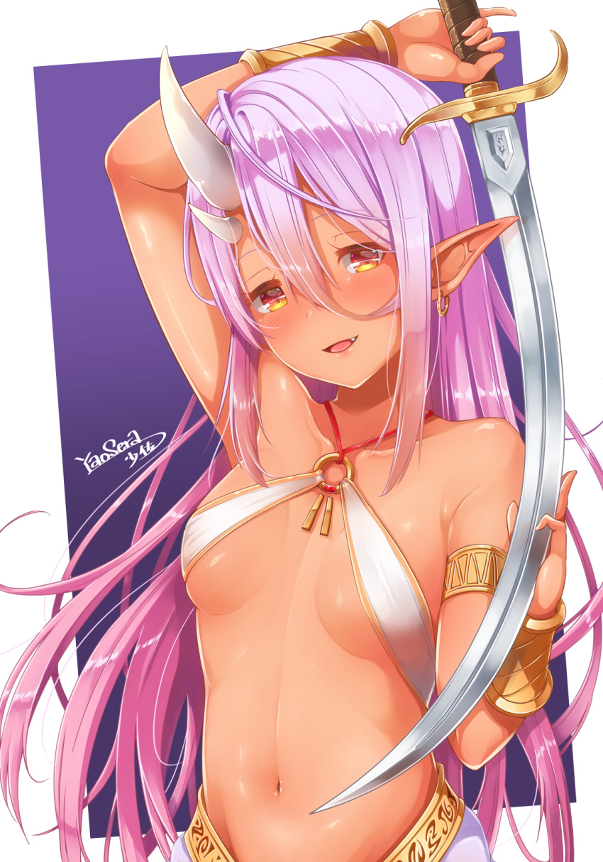 1girl :d arm_up armlet artist_name asymmetrical_horns bangs bare_shoulders blush breasts brown_eyes collarbone commentary_request dark_skin earrings eyebrows_visible_through_hair fang hair_between_eyes head_tilt highres holding holding_sword holding_weapon horns jewelry long_hair looking_at_viewer navel o-ring_top open_mouth original pinky_out pointy_ears purple_hair revealing_clothes scimitar signature small_breasts smile solo sword very_long_hair weapon yaosera