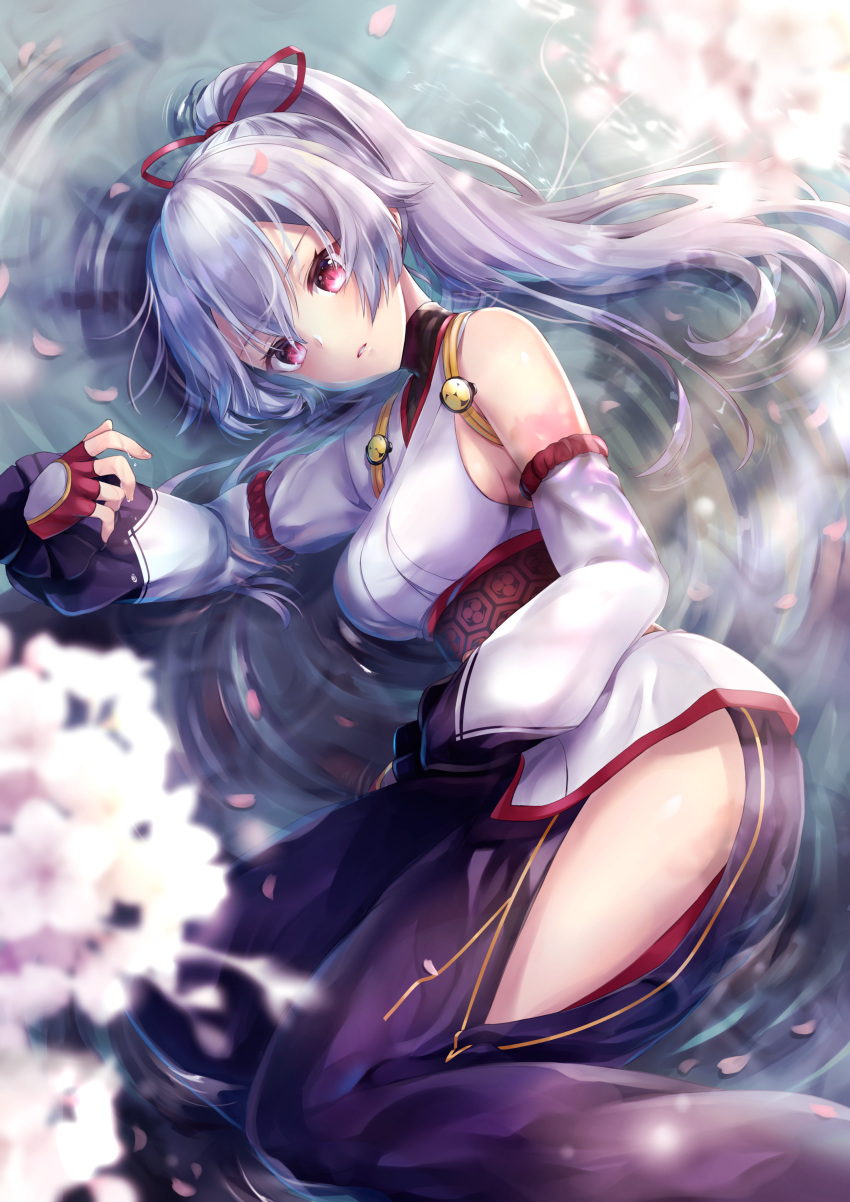 1girl absurdres bangs bare_shoulders blurry blurry_foreground blush breasts cherry_blossoms commentary_request depth_of_field detached_sleeves fate/grand_order fate_(series) fingerless_gloves gloves hair_ribbon hane_yuki highres long_hair looking_at_viewer lying obi on_side open_pants pants parted_lips petals petals_on_liquid ponytail purple_pants red_eyes red_ribbon ribbon ripples sash side_cutout sideboob solo thighs tomoe_gozen_(fate/grand_order) water
