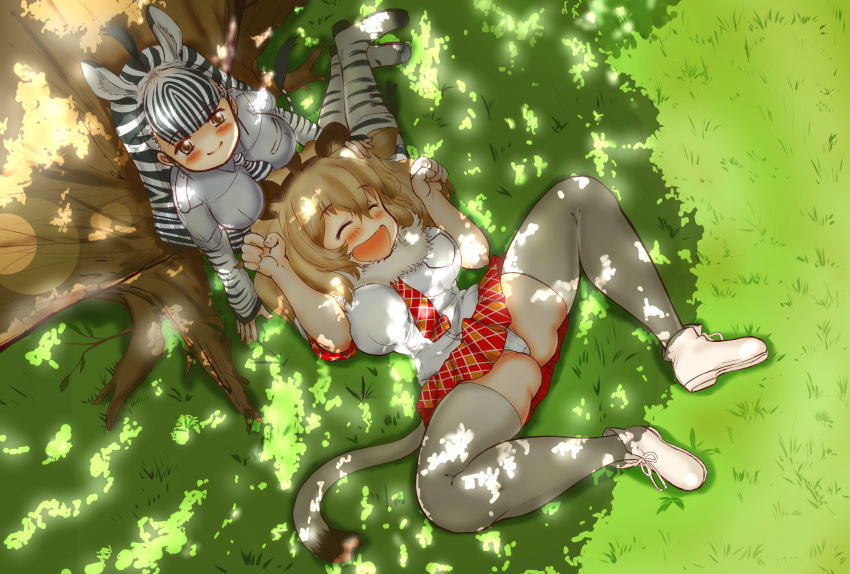 2girls ahoge animal_ears animal_print ass_visible_through_thighs bangs bare_arms black_hair blonde_hair blunt_bangs blush boots breast_pocket brown_eyes brown_hair closed_mouth dappled_sunlight day extra_ears eyebrows_visible_through_hair from_above full_body fur_collar grass grey_legwear grey_shirt hair_between_eyes hakumaiya hand_on_another's_head hands_up happy highres impossible_clothes impossible_shirt kemono_friends lap_pillow lion_(kemono_friends) lion_ears lion_tail long_hair long_sleeves looking_up lying multicolored_hair multiple_girls necktie no_nose on_back open_mouth outdoors panties paw_pose plaid plaid_neckwear plaid_skirt plaid_sleeves plains_zebra_(kemono_friends) pocket print_footwear print_neckwear red_skirt shirt shoes short_over_long_sleeves short_sleeves sitting skirt smile spread_legs sunlight tail thigh-highs tree tree_branch two-tone_hair underwear white_hair white_panties white_shirt zebra_ears zebra_print zebra_tail |d