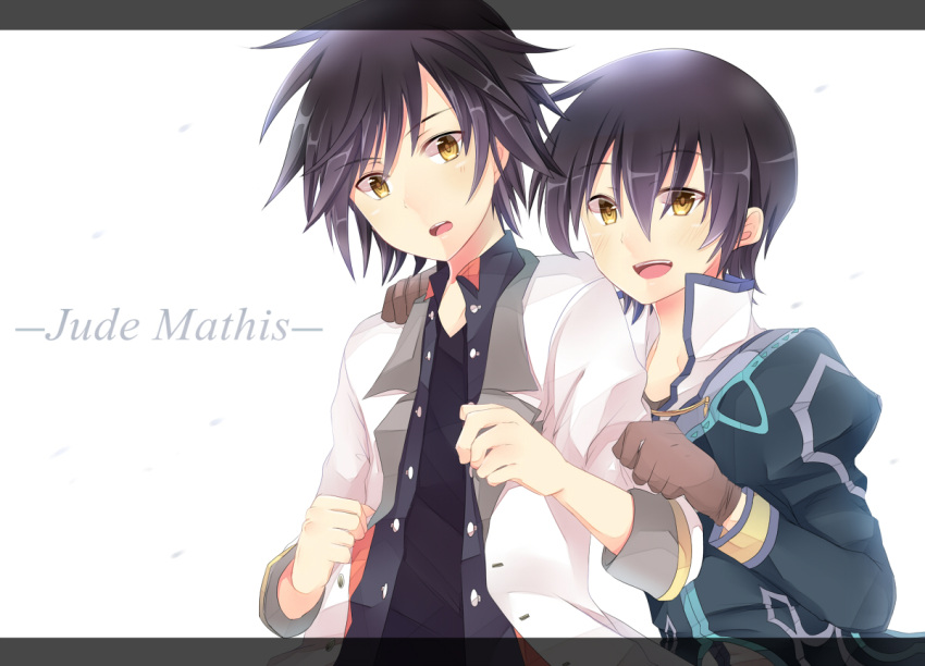 2boys black_hair black_shirt brown_eyes character_name dual_persona green_jacket jacket jude_mathis long_sleeves multiple_boys open_mouth puffy_sleeves rento_(rukeai) shirt simple_background smile spiky_hair tales_of_(series) tales_of_xillia tales_of_xillia_2 white_background white_jacket