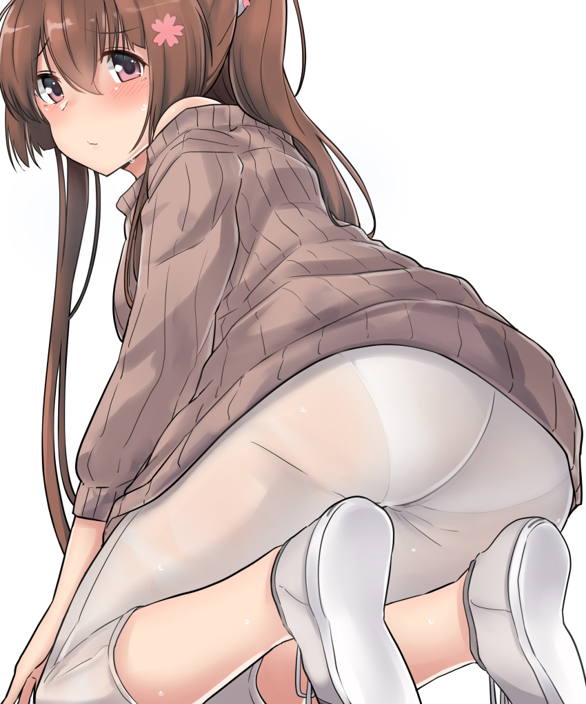 1girl absurdres alternate_costume ass blush brown_sweater closed_mouth embarrassed eyebrows_visible_through_hair flower from_behind hair_between_eyes hair_flower hair_ornament hands_on_own_knees highres kantai_collection kiritto kneeling long_hair looking_at_viewer off_shoulder pants ponytail ribbed_sweater see-through shoes sidelocks simple_background solo sweater white_background white_footwear white_pants yamato_(kantai_collection)