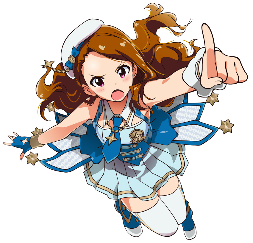 1girl absurdres akizuki_ritchan asymmetrical_gloves blue_gloves blue_neckwear blue_skirt brown_hair fingerless_gloves floating_hair full_body gloves hat highres idolmaster idolmaster_(classic) idolmaster_platinum_stars index_finger_raised long_hair minase_iori miniskirt open_mouth outstretched_arms pleated_skirt red_eyes skirt sleeveless solo sparkle standing transparent_background twinkle_star_(idolmaster) white_hat wrist_cuffs