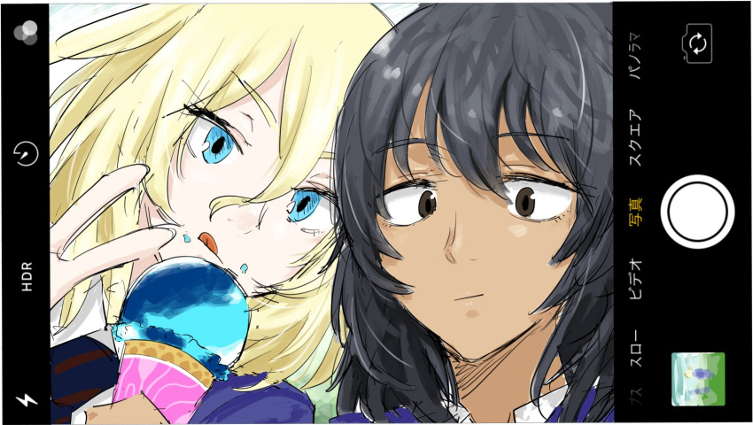 2girls :q andou_(girls_und_panzer) bangs black_hair blonde_hair blue_eyes brown_eyes closed_eyes closed_mouth commentary dark_skin eyebrows_visible_through_hair face food food_on_face girls_und_panzer highres holding holding_food ice_cream landscape looking_at_viewer medium_hair messy_hair multiple_girls osatou oshida_(girls_und_panzer) phone_screen sketch smile tongue tongue_out translated