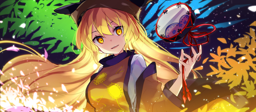 1girl :d bangs black_hat blonde_hair blush commentary_request constellation_print drum eyebrows_visible_through_hair floating floating_hair floating_object glowing glowing_eyes hair_between_eyes hand_up hat head_tilt instrument long_hair long_sleeves looking_at_viewer matara_okina name_(oiuio) open_mouth orange_eyes smile solo tabard touhou upper_teeth wide_sleeves