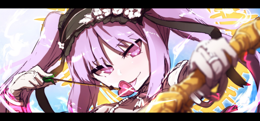 1girl :p absurdres arrow bangs black_hairband blurry blurry_foreground bow_(weapon) bridal_gauntlets closed_mouth commentary_request depth_of_field euryale eyebrows_visible_through_hair fate/hollow_ataraxia fate_(series) flower frilled_hairband hairband head_tilt heart heart_arrow highres holding holding_arrow holding_bow_(weapon) holding_weapon jewelry looking_at_viewer parted_bangs pink_eyes protected_link purple_hair rose sketch smile solo tongue tongue_out wada_kazu weapon white_flower white_rose