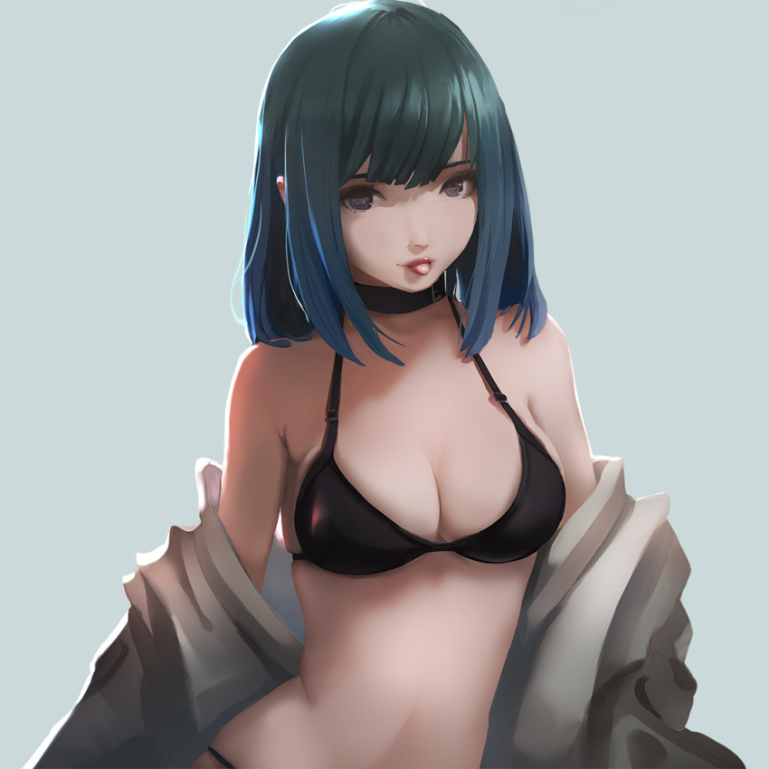 1girl :p black_bra black_choker black_panties blue_eyes blue_hair bra breasts choker commentary lips looking_at_viewer medium_breasts off-shoulder_shirt original panties shirt skindentation solo tongue tongue_out underwear undressing vafar7