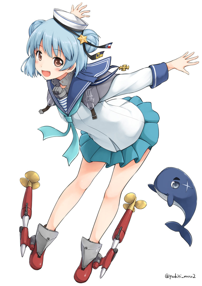 1girl aqua_neckwear aqua_skirt black_ribbon blue_hair brown_eyes dixie_cup_hat double_bun full_body hat hat_ribbon highres kantai_collection long_sleeves military_hat miniskirt neckerchief open_mouth pleated_skirt ribbon samuel_b._roberts_(kantai_collection) school_uniform shirt short_hair simple_background skirt whale white_background white_hat white_shirt yuuki_kazuhito