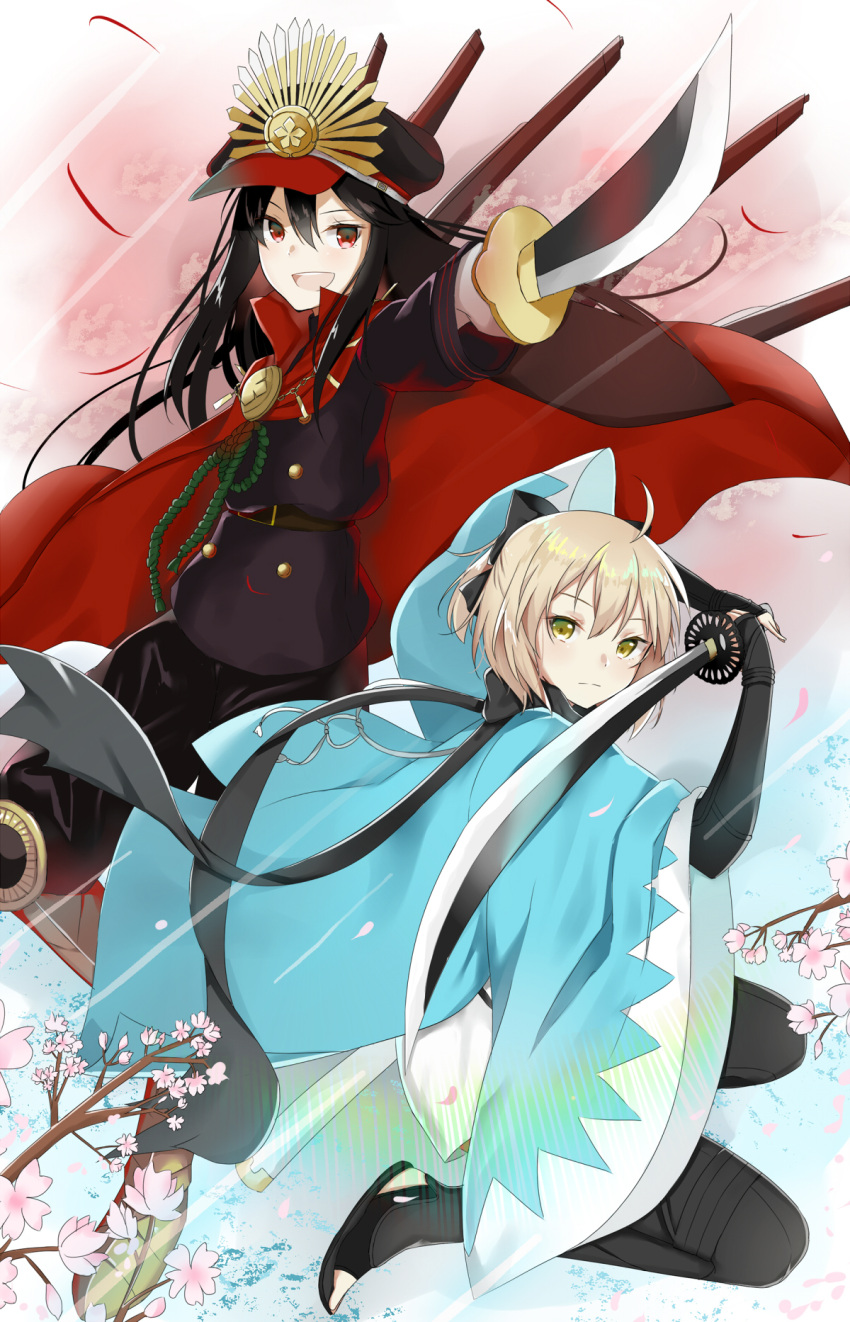 2girls :d ahoge arm_grab armored_boots bangs belt_buckle black_bow black_hair black_hat black_jacket black_legwear black_pants blonde_hair blush boots bow brown_belt buckle cape commentary_request eyebrows_visible_through_hair family_crest fate/grand_order fate_(series) flower green_eyes hair_between_eyes hair_bow haori hat highres holding holding_sword holding_weapon jacket japanese_clothes katana kimono koha-ace long_hair long_sleeves looking_at_viewer military military_hat military_jacket military_uniform multiple_girls oda_nobunaga_(fate) oda_uri okita_souji_(fate) open_mouth outstretched_arm pants peaked_cap pink_flower red_cape red_eyes round_teeth smile stirrup_legwear swon_(joy200892) sword teeth thigh-highs toeless_legwear tree_branch two-handed uniform upper_teeth very_long_hair weapon white_kimono wide_sleeves