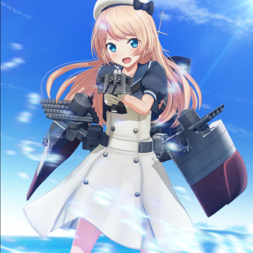 1girl aiming blonde_hair blue_eyes blue_sailor_collar blue_sky cannon clouds cowboy_shot day dress gloves hat highres jervis_(kantai_collection) kantai_collection long_hair looking_at_viewer open_mouth outdoors ponpu-chou sailor_collar sailor_dress sailor_hat short_sleeves sky solo turret white_dress white_gloves white_hat