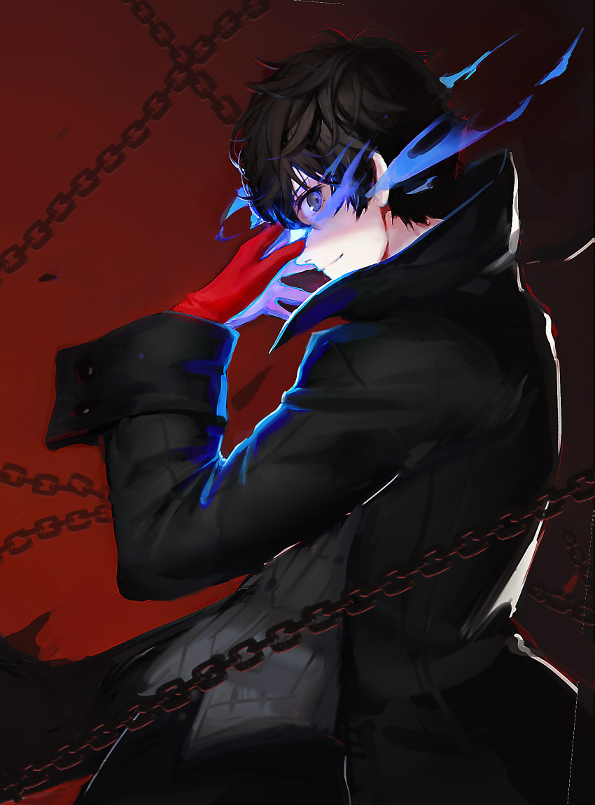 1boy amamiya_ren black_cape black_hair black_pants brown_eyes cape chains fire from_side gloves grey_shirt highres liangxieyue looking_at_viewer pants persona persona_5 red_gloves shirt smile solo