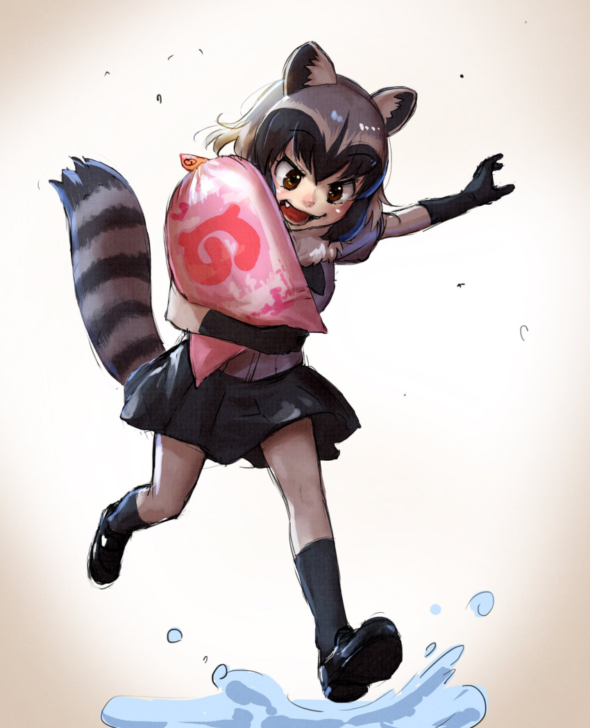 1girl :d animal_ears black_footwear black_gloves black_hair black_neckwear black_skirt brown_eyes common_raccoon_(kemono_friends) eyebrows_visible_through_hair fang fur_collar gloves grey_hair highres holding_bag japari_symbol kemono_friends miniskirt multicolored_hair open_mouth pantyhose raccoon_ears raccoon_tail short_sleeves skirt smile solo splashing tail takami_masahiro white_hair white_legwear