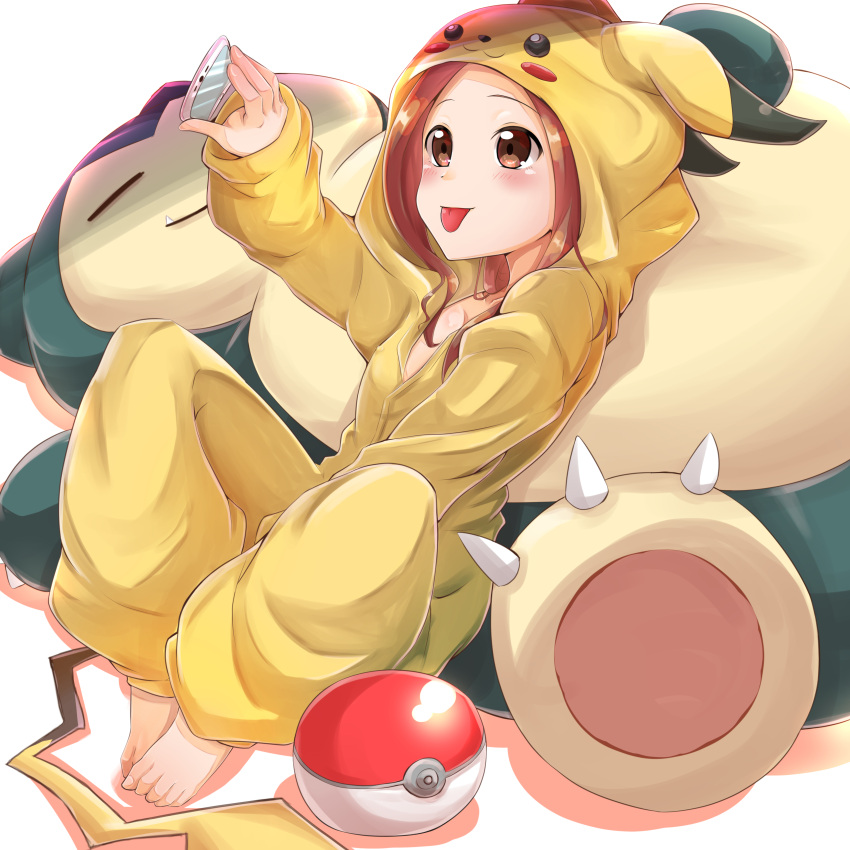 1girl :p absurdres arm_up blush brown_eyes brown_hair cosplay feet hand_on_lap highres karakai_jouzu_no_takagi-san long_hair long_sleeves looking_up onesie phone pikachu pikachu_(cosplay) poke_ball shinonome_mozuku snorlax solo tail takagi-san taking_picture tongue tongue_out