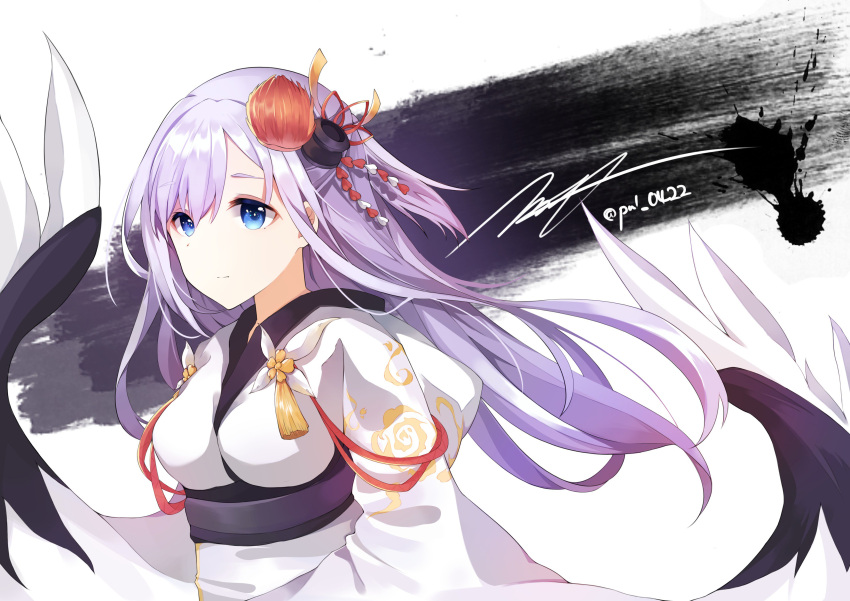 1girl absurdres azur_lane bangs blue_eyes breasts closed_mouth commentary_request expressionless eyebrows_visible_through_hair floating_hair flower hair_between_eyes hair_flower hair_ornament highres hood hood_down hooded_kimono japanese_clothes kimono korean_commentary large_breasts long_hair looking_at_viewer mole mole_under_eye paaru shoukaku_(azur_lane) sidelocks signature silver_hair solo tareme tassel twitter_username upper_body wide_sleeves wind wind_lift