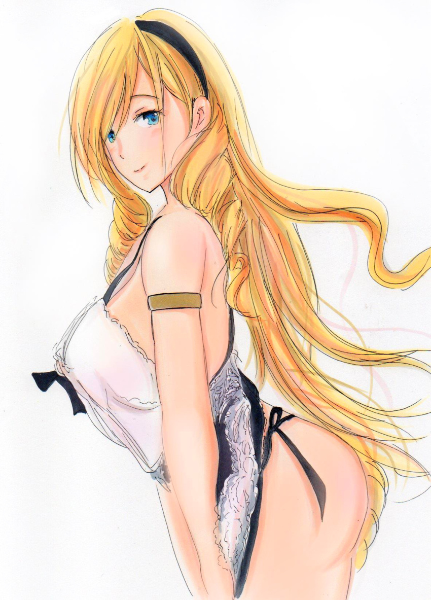 1girl apron armband blonde_hair blue_eyes breasts celia_kumani_entory drill_hair frilled_apron frills from_side hairband highres large_breasts long_hair looking_at_viewer looking_to_the_side maid maid_apron marker_(medium) naked_apron potekite sideboob smile solo traditional_media very_long_hair walkure_romanze