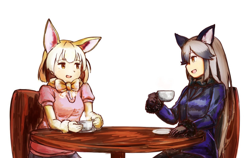 2girls :d animal_ears black_gloves black_neckwear blonde_hair blue_jacket bow bowtie chair cup eye_contact fennec_(kemono_friends) fox_ears fur_trim gloves grey_hair hand_on_table holding holding_cup jacket kemono_friends long_hair long_sleeves looking_at_another multiple_girls necktie open_mouth plate short_sleeves silver_fox_(kemono_friends) simple_background sitting smile steam table tamiku_(shisyamo609) very_long_hair white_background yellow_eyes yellow_neckwear