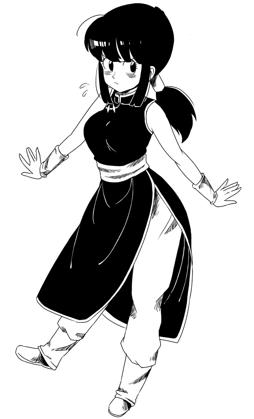 1girl annoyed bangs black_eyes black_hair chi-chi_(dragon_ball) chinese_clothes dragon_ball dragon_ball_(classic) eyelashes frown full_body highres looking_away maa_(roninnn) monochrome ponytail simple_background sleeveless solo_focus standing_on_object sweatdrop white_background wristband