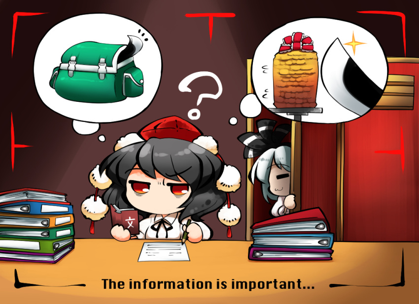 2girls :3 =_= ? backpack bag binder black_hair book english hairband hat kashuu_(b-q) konpaku_youmu multiple_girls paper pencil pom_pom_(clothes) shameimaru_aya short_hair silver_hair sword thought_bubble tokin_hat touhou weapon