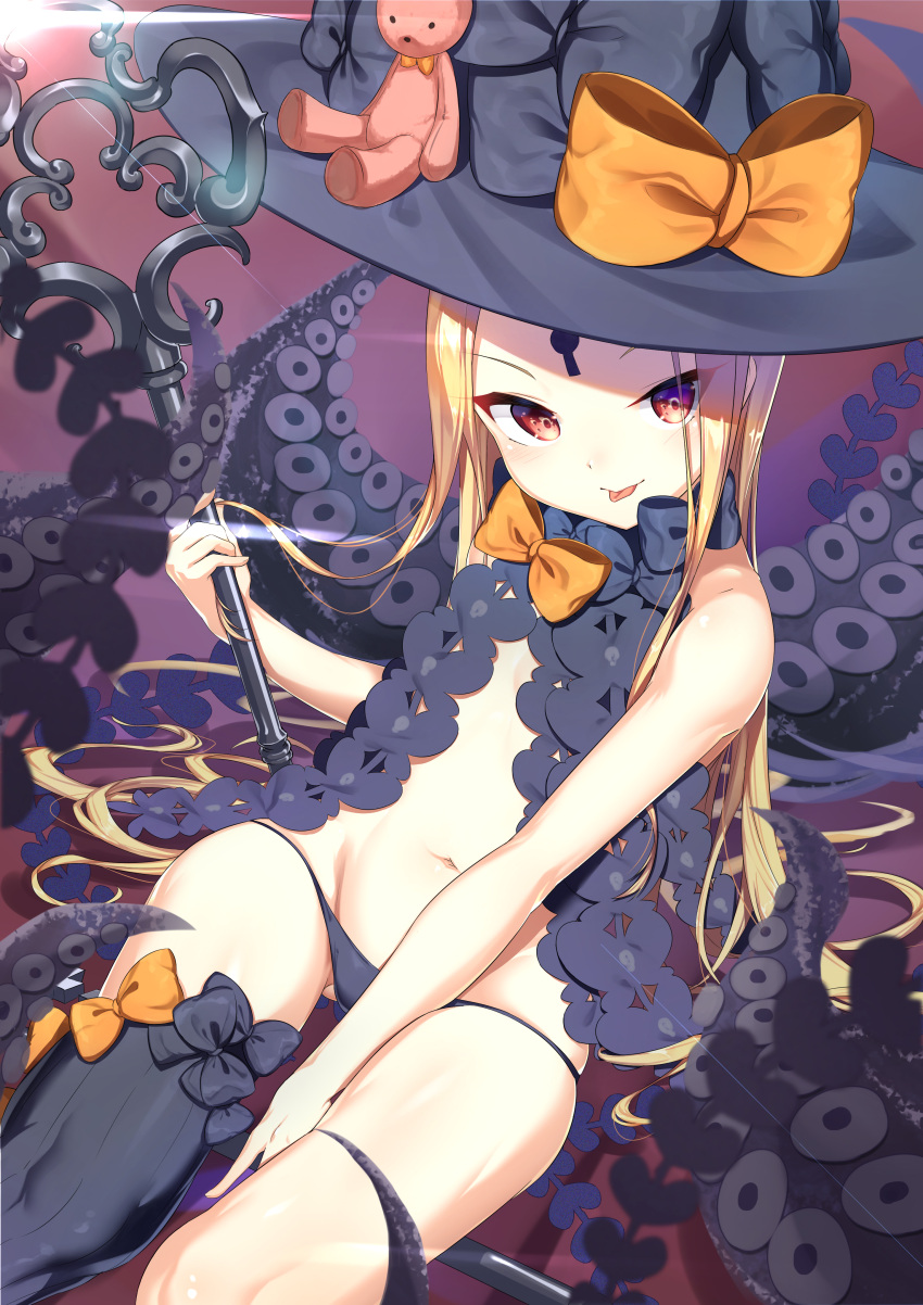 1girl :p abigail_williams_(fate/grand_order) absurdres ass_visible_through_thighs asymmetrical_legwear bangs black_bow black_hat black_legwear black_panties blonde_hair blush bow closed_mouth commentary_request eyebrows_visible_through_hair fate/grand_order fate_(series) groin hat hat_bow highres holding holding_key key keyhole long_hair looking_at_viewer navel orange_bow oversized_object panties parted_bangs red_eyes revealing_clothes single_thighhigh skull_print solo stuffed_animal stuffed_toy suction_cups teddy_bear tentacle thiana0225 thigh-highs tongue tongue_out topless underwear very_long_hair witch_hat