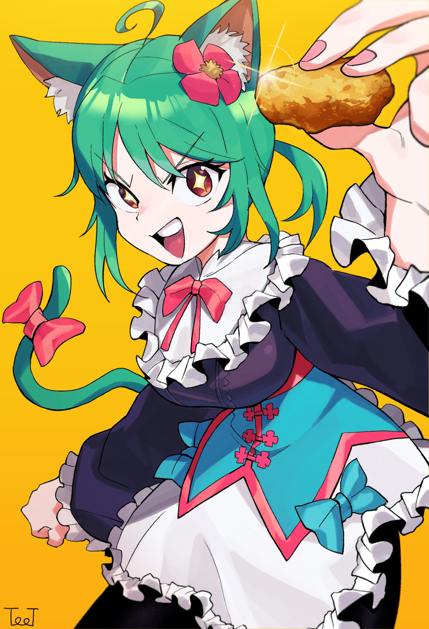 1girl absurdres ahoge animal_ear_fluff animal_ears bow breasts cat_ears cat_tail chicken_nuggets eyebrows_visible_through_hair flower food green_hair hair_flower hair_ornament highres holding holding_food indie_virtual_youtuber nail_polish open_mouth pink_nails rosedoodle_(vtuber) short_hair tail tail_bow tail_ornament teeth tongue toot upper_teeth virtual_youtuber