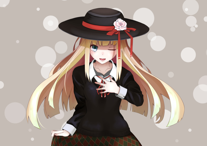 1girl ;d bangs black_hat black_sweater blonde_hair blue_eyes blunt_bangs collarbone floating_hair flower grey_background hat hat_flower hat_ribbon highres lens_flare long_hair looking_at_viewer neck_ribbon one_eye_closed open_mouth original oriuo_q pink_flower red_ribbon ribbon shirt skirt_hold smile solo sun_hat sweater upper_body very_long_hair white_shirt