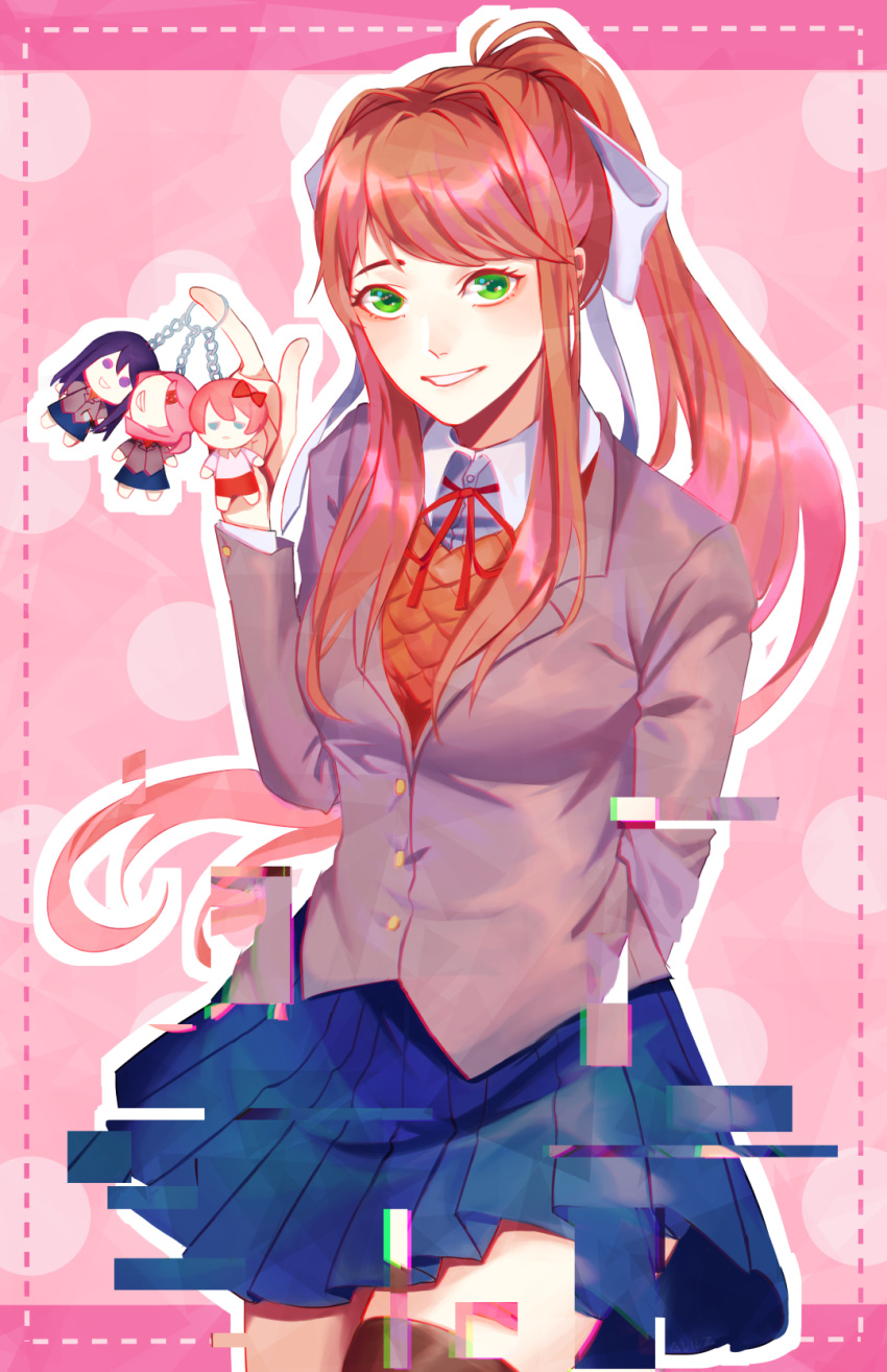 1girl alilz blue_skirt border brown_hair character_doll commentary doki_doki_literature_club english_commentary glitch green_eyes hair_ribbon highres index_finger_raised keychain long_hair looking_at_viewer natsuki_(doki_doki_literature_club) outline parted_lips pink_background pleated_skirt ponytail ribbon sayori_(doki_doki_literature_club) school_uniform skirt smile solo thigh-highs very_long_hair white_outline white_ribbon yuri_(doki_doki_literature_club) zettai_ryouiki