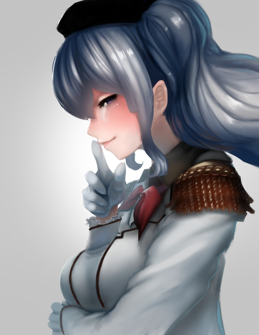 1girl arm_across_waist bangs beret black_hat blush breasts closed_mouth epaulettes finger_to_mouth frilled_sleeves frills from_side gloves gradient gradient_background grey_eyes grey_shirt half-closed_eyes hat head_tilt highres index_finger_raised jacket kantai_collection kashima_(kantai_collection) large_breasts long_hair long_sleeves looking_at_viewer military military_jacket military_uniform neckerchief profile red_neckwear shirt shushing sidelocks silver_hair simple_background smile solo tsurime twintails uniform wavy_hair white_gloves white_jacket yamashita_tomu