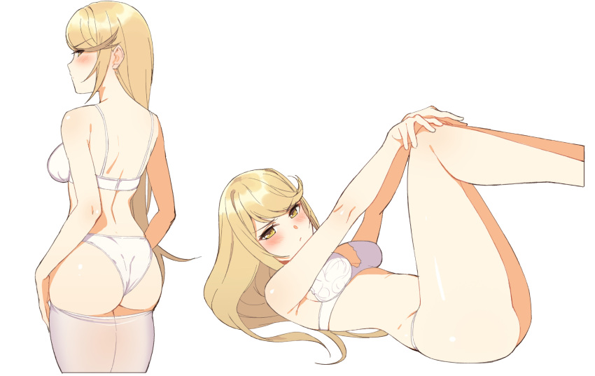 1girl ass bangs blonde_hair blush bra breasts cowboy_shot eyebrows_visible_through_hair from_behind hair_over_shoulder hands_on_own_knees highres mythra_(xenoblade) icarus_(632247131) long_hair looking_at_viewer looking_back lying medium_breasts multiple_views on_back panties pantyhose pantyhose_pull profile sidelocks simple_background swept_bangs underwear underwear_only very_long_hair white_background white_bra white_legwear white_panties xenoblade_(series) xenoblade_2 yellow_eyes