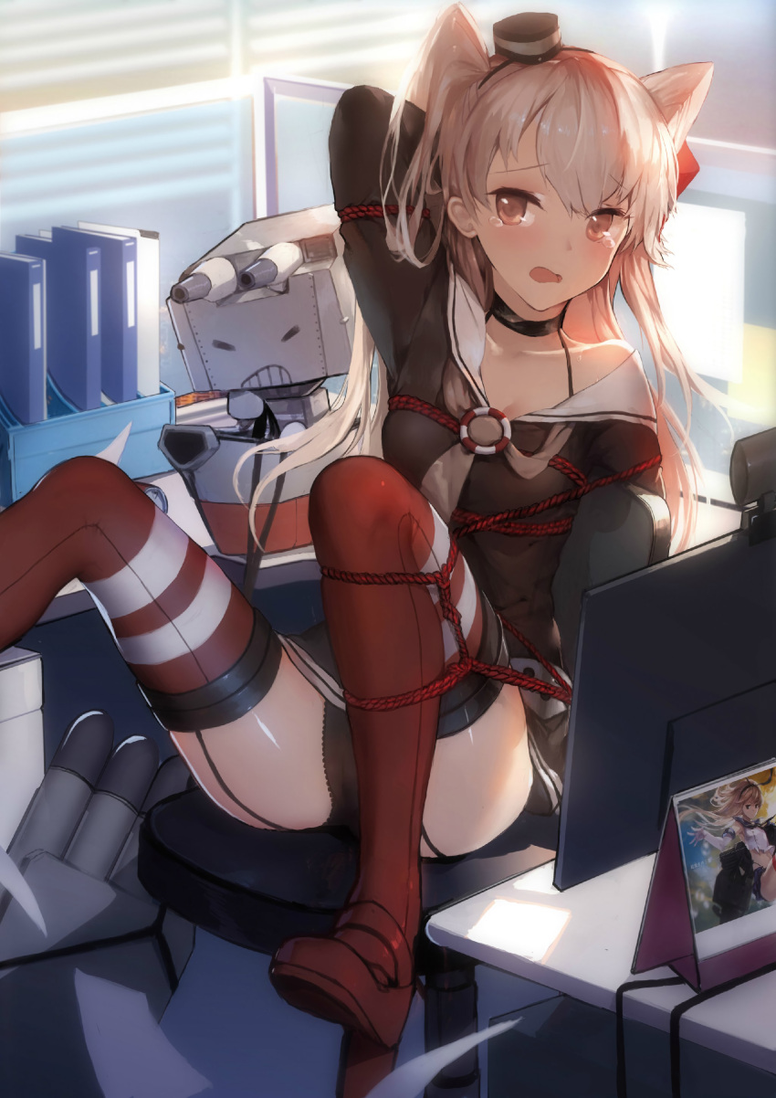 1girl absurdres amatsukaze_(kantai_collection) arm_up black_panties breasts brown_eyes choker cleavage collarbone dress garter_straps highres indoors kantai_collection long_hair off_shoulder panties photo_(object) red_legwear rensouhou-kun restrained sailor_dress shibari shibari_over_clothes shimakaze_(kantai_collection) short_dress silver_hair small_breasts solo swd3e2 tears thigh-highs two_side_up underwear
