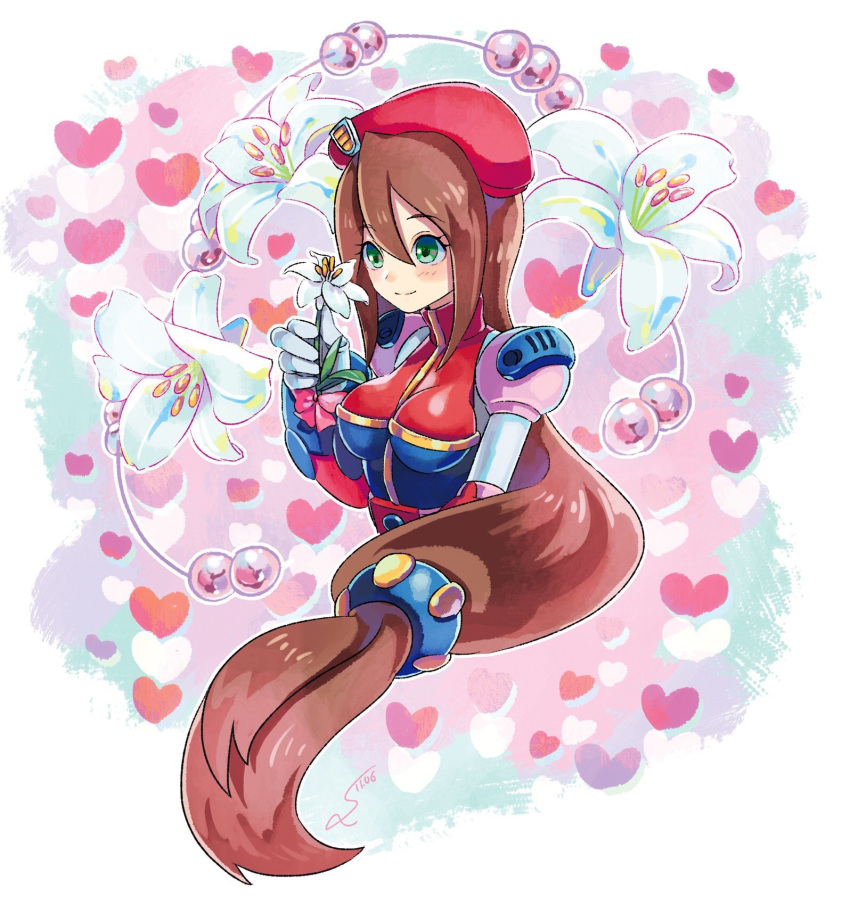 1girl android belt beret blush breasts brown_hair capcom eyebrows_visible_through_hair flower gloves green_eyes hair_between_eyes hair_ornament hat heart heart_background highres holding holding_flower iris_(flower) iris_(rockman_x) long_hair low-tied_long_hair medium_breasts pearl red_hat ribbon rockman rockman_x rockman_x4 smile solo sumomo upper_body white_gloves