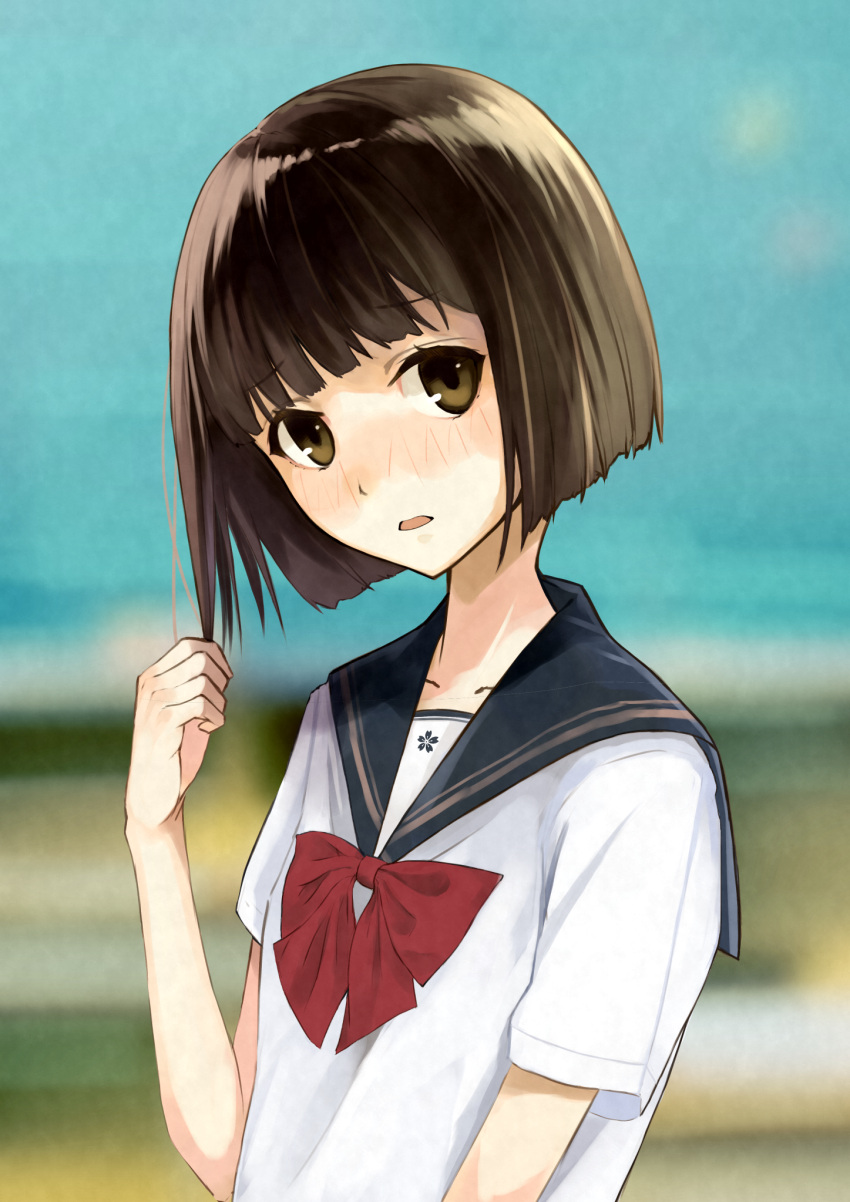 1girl ashiya_hiro bangs black_sailor_collar blue_sky blurry blurry_background blush bow bowtie brown_eyes brown_hair collarbone commentary_request day depth_of_field eyebrows_visible_through_hair hair_grab head_tilt highres looking_at_viewer nose_blush original outdoors parted_lips red_neckwear sailor_collar school_uniform serafuku shirt short_sleeves sky solo upper_body white_shirt