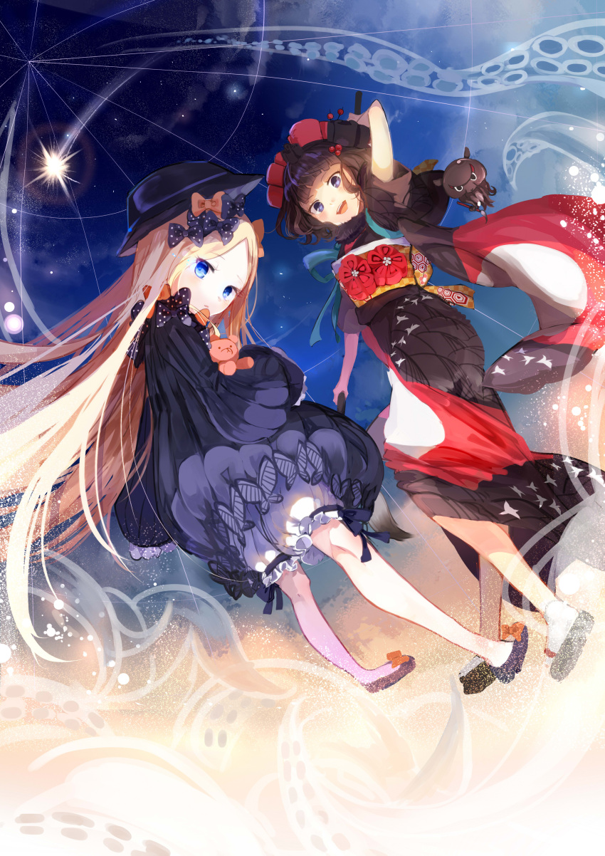 2girls abigail_williams_(fate/grand_order) absurdres arm_up bangs black_bow black_dress black_footwear black_hat black_kimono blonde_hair bloomers blue_eyes blush bow bug butterfly calligraphy_brush commentary_request demon_girl dress dutch_angle eyebrows_visible_through_hair falling_star fate/grand_order fate_(series) forehead hair_bow hair_ornament hat head_tilt highres holding holding_paintbrush insect japanese_clothes katsushika_hokusai_(fate/grand_order) kimono long_hair long_sleeves looking_at_viewer looking_to_the_side multiple_girls night night_sky obi object_hug octopus orange_bow oversized_object paintbrush parted_bangs parted_lips pekerika polka_dot polka_dot_bow sash shoes short_sleeves sky sleeves_past_fingers sleeves_past_wrists star_(sky) starry_sky stuffed_animal stuffed_toy succubus teddy_bear tentacle underwear very_long_hair white_bloomers