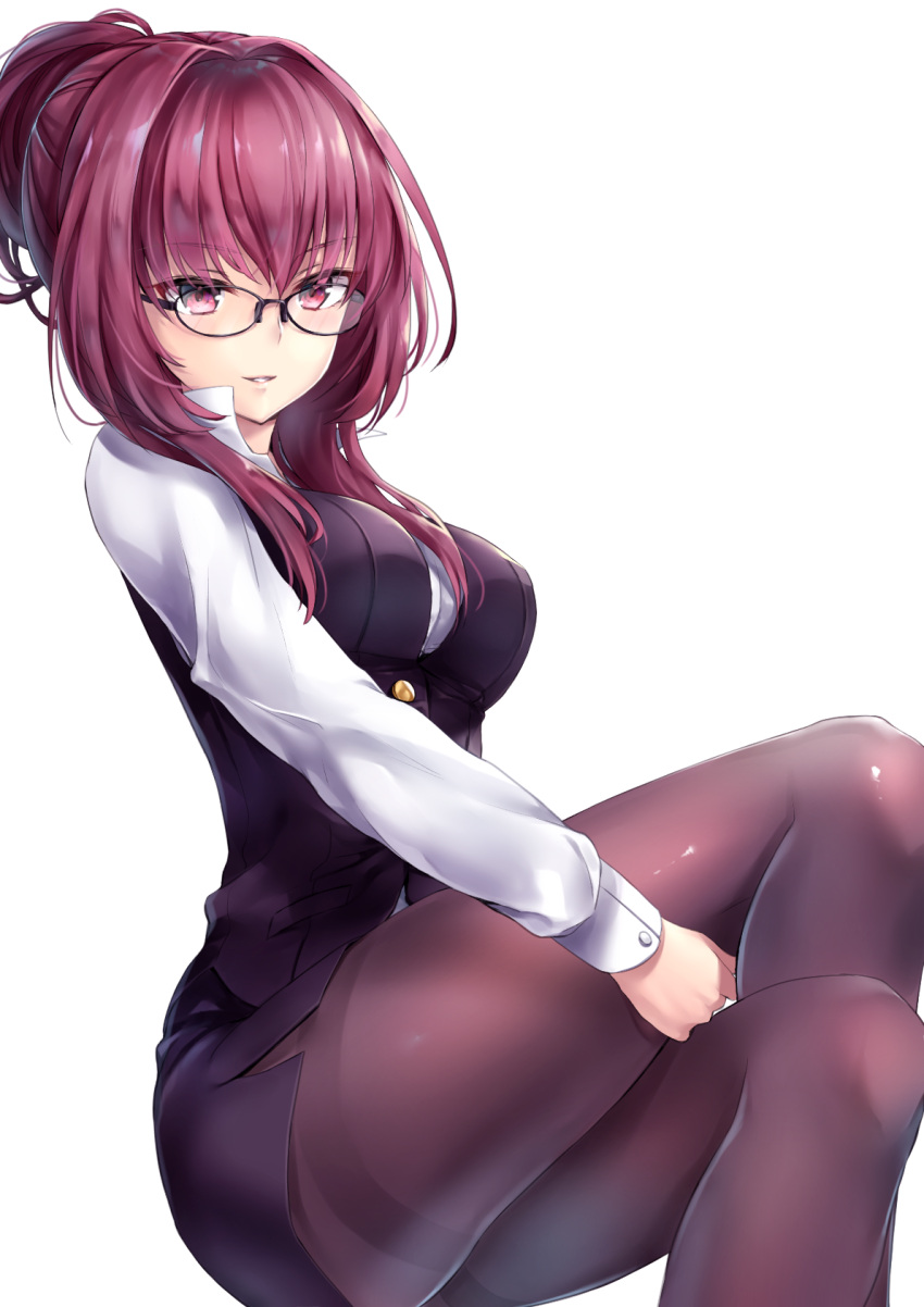 1girl alternate_costume alternate_hairstyle bangs bespectacled black-framed_eyewear black_legwear commentary_request eyebrows_visible_through_hair fate/grand_order fate_(series) formal glasses hair_intakes hane_yuki highres light_smile long_hair looking_at_viewer office_lady pantyhose parted_lips pencil_skirt purple_hair red_eyes scathach_(fate/grand_order) short_ponytail simple_background skirt skirt_suit solo suit thighband_pantyhose tied_hair very_long_hair white_background