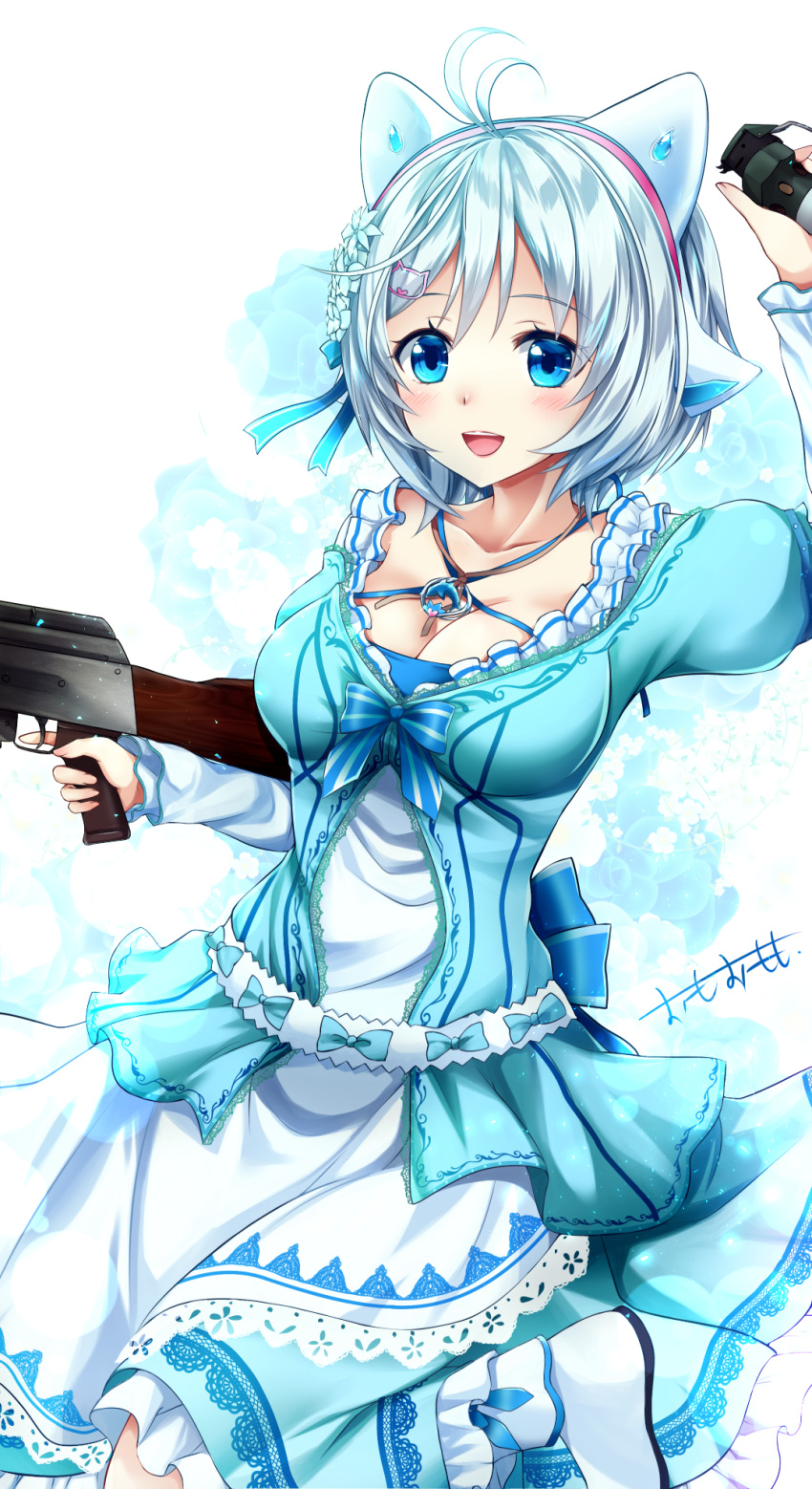 1girl :d animal_ears arm_up bangs blue_bow blue_dress blue_eyes blush bow breasts cleavage collarbone commentary_request dennou_shoujo_youtuber_shiro dress explosive eyebrows_visible_through_hair flower grenade gun hair_between_eyes hair_bow hair_flower hair_ornament highres holding holding_grenade holding_gun holding_weapon long_sleeves looking_at_viewer medium_breasts omoomomo open_mouth puffy_short_sleeves puffy_sleeves shiro_(dennou_shoujo_youtuber_shiro) short_over_long_sleeves short_sleeves signature silver_hair smile solo upper_teeth virtual_youtuber weapon weapon_request white_dress white_flower