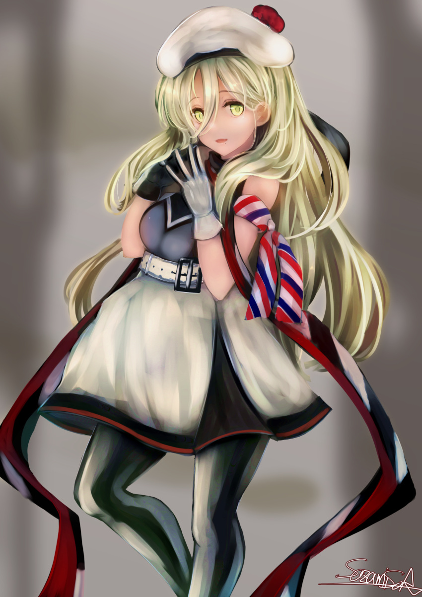 1girl beret blonde_hair cowboy_shot dress gloves hair_between_eyes hat highres kantai_collection long_hair looking_at_viewer mole mole_under_eye mole_under_mouth multicolored multicolored_clothes multicolored_dress multicolored_gloves multicolored_legwear multicolored_scarf pom_pom_(clothes) richelieu_(kantai_collection) sazamiso_rx scarf signature solo strapless strapless_dress yellow_eyes