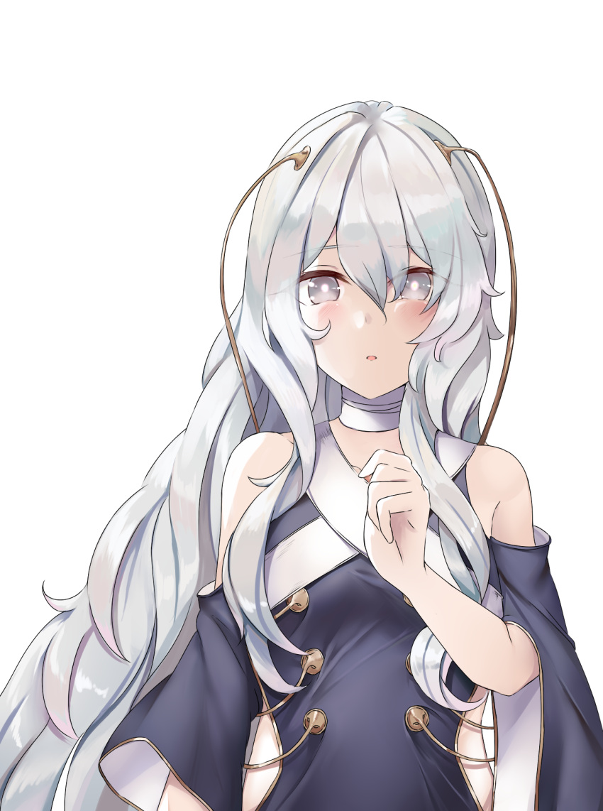 1girl bangs bare_shoulders blue_jacket blush detached_sleeves eyebrows_visible_through_hair girls_frontline grey_eyes hair_between_eyes hair_ornament hand_up highres i.f.s.f jacket long_hair long_sleeves looking_at_viewer parted_lips ribeyrolles_1918_(girls_frontline) silver_hair simple_background sleeveless_jacket solo very_long_hair white_background wide_sleeves