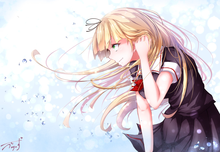 1girl arm_at_side baileys_(tranquillity650) black_ribbon black_serafuku blonde_hair blurry blush bokeh breasts depth_of_field eyebrows_visible_through_hair floating_hair from_side green_eyes hair_ornament hair_ribbon hairclip hand_in_hair highres kantai_collection leaning_forward light_particles long_hair looking_afar medium_breasts neckerchief pleated_skirt red_neckwear ribbon scarf school_uniform serafuku sidelocks signature skirt smile solo tareme water_drop wet_face white_scarf wind yuudachi_(kantai_collection)
