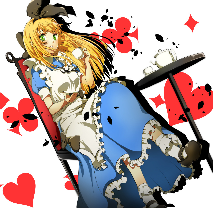 1girl alice_(wonderland) alice_(wonderland)_(cosplay) apron black_footwear black_ribbon blonde_hair blue_dress cosplay cup dress floating_hair frilled_apron frills green_eyes grin hair_ribbon highres holding imo_(evekelu-111) loafers long_hair long_skirt looking_at_viewer mononobe_alice nijisanji ribbon shadow shoes short_sleeves sitting skirt smile socks solo teacup very_long_hair virtual_youtuber white_apron white_background white_legwear