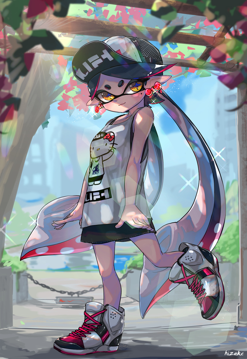 +_+ 1girl :3 aori_(splatoon) bangs bare_arms bare_shoulders baseball_cap black_dress black_hair black_hat blue_sky blurry bow bow_earrings building chains closed_mouth clothes_writing day depth_of_field dress earrings full_body gradient_hair hat hello_kitty highres inkling_(language) jewelry kashu_(hizake) laces leaf leg_up lens_flare light_particles light_rays long_hair looking_at_viewer mole mole_under_eye monster_girl multicolored_hair outdoors parted_bangs pink_hair pointy_ears red_bow river shoes short_dress short_eyebrows signature sky skyscraper sleeveless sleeveless_dress smile sneakers solo sparkle splatoon splatoon_1 standing standing_on_one_leg sunlight tentacle_hair tree very_long_hair vest white_footwear white_vest yellow_eyes