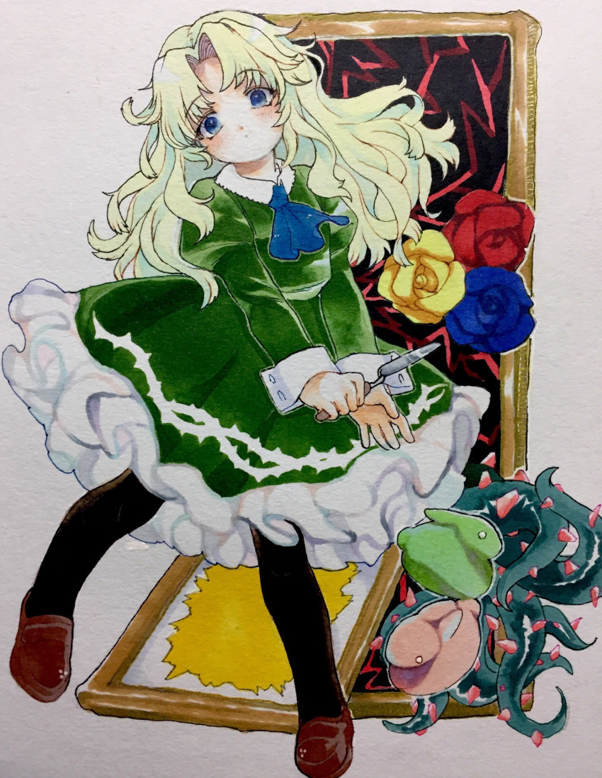 blonde_hair blue_eyes collar dress flower frame frilled_dress frills green_dress highres ib kagaya_(oshiriudon) marker_(medium) mary_(ib) mary_janes palette_knife pantyhose rose shoes traditional_media