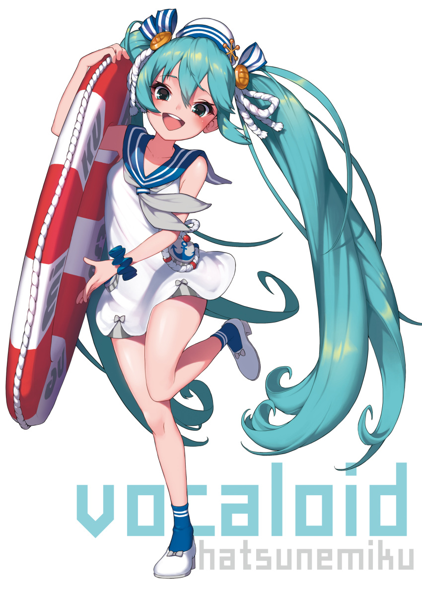 1girl :d absurdres aqua_eyes aqua_hair blue_legwear character_name copyright_name dress full_body hair_between_eyes hat hatsune_miku highres innertube konbu_(hida123) long_hair looking_at_viewer open_mouth sailor_dress simple_background smile solo standing standing_on_one_leg twintails very_long_hair vocaloid white_background white_dress white_footwear