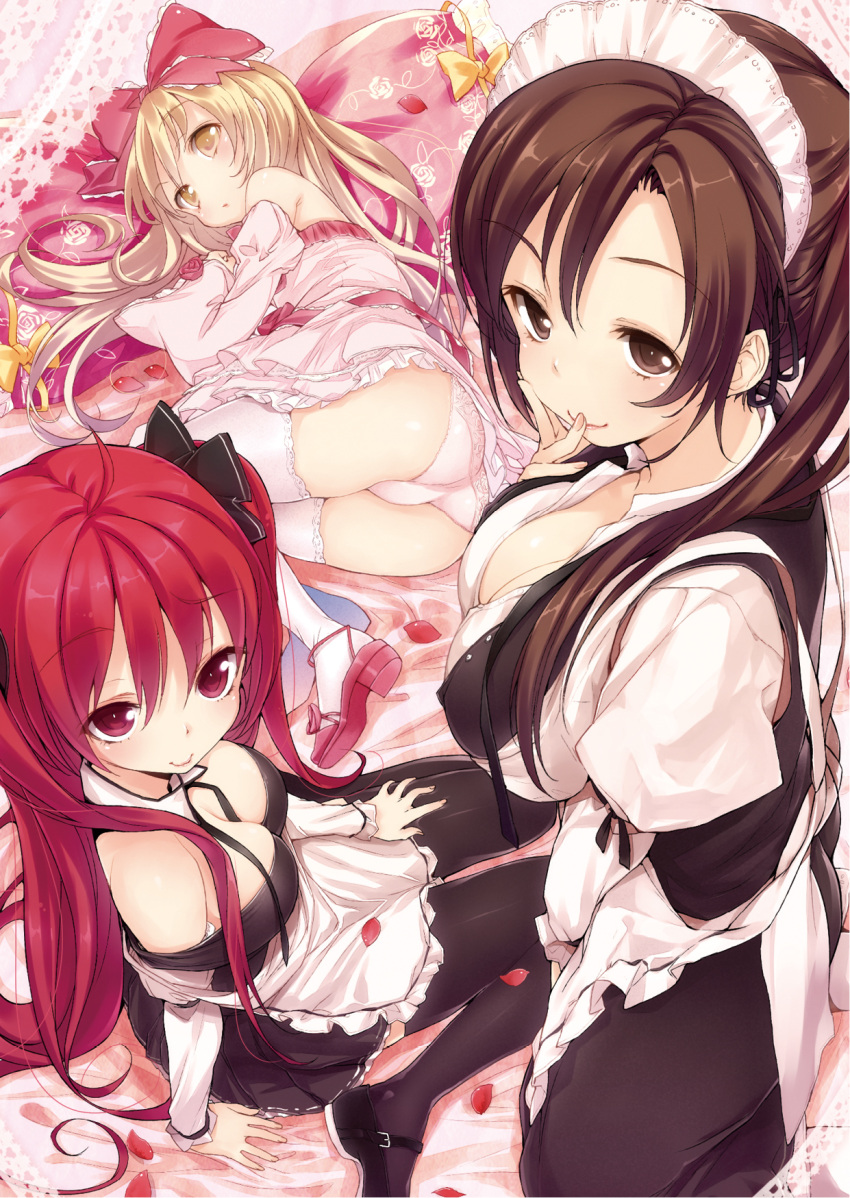 3girls apron arm_support ass between_breasts black_legwear blonde_hair bow breasts brown_eyes brown_hair buriki cleavage detached_collar detached_sleeves diana_(tsunpuri) dress hair_bow hair_over_shoulder hand_to_own_mouth highres karen_(tsunpuri) large_breasts long_hair lying maid_headdress mary_janes miriam_henriette_wilhelmina multiple_girls off_shoulder on_bed on_side one_side_up panties petals pink_dress pink_legwear pink_panties red_eyes redhead shoes side_ponytail sitting smile thigh-highs trefoil tsunpri_aisite_ohimesama underwear waist_apron wariza wide_sleeves yellow_eyes