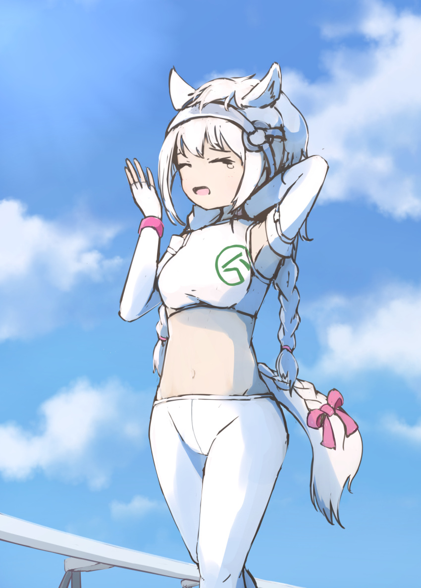 1girl animal_ears bow braid commentary_request elbow_gloves gloves hand_in_front_of_face hand_on_neck headgear highres horse_ears horse_tail kemono_friends leggings long_hair solo sports_bra sportswear suginakara_(user_ehfp8355 tail tail_bow white_hair white_thoroughbred_(kemono_friends) yawning