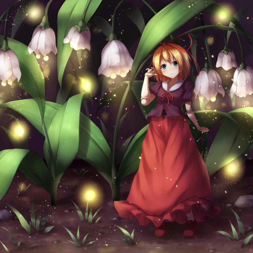 1girl adapted_costume blonde_hair blue_eyes blush breasts doll doll_joints fireflies flower hair_ribbon hand_up highres lily_of_the_valley medicine_melancholy medium_breasts medium_hair nicoby red_footwear red_skirt ribbon sailor_collar short_sleeves skirt touhou white_flower