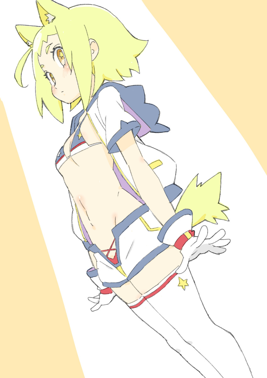 1girl absurdres ahoge animal_ears blonde_hair character_request copyright_request crotch donguri_suzume from_below gloves highres jacket looking_at_viewer midriff navel open_clothes open_jacket short_hair shorts solo star tail thigh-highs white_gloves yellow_eyes