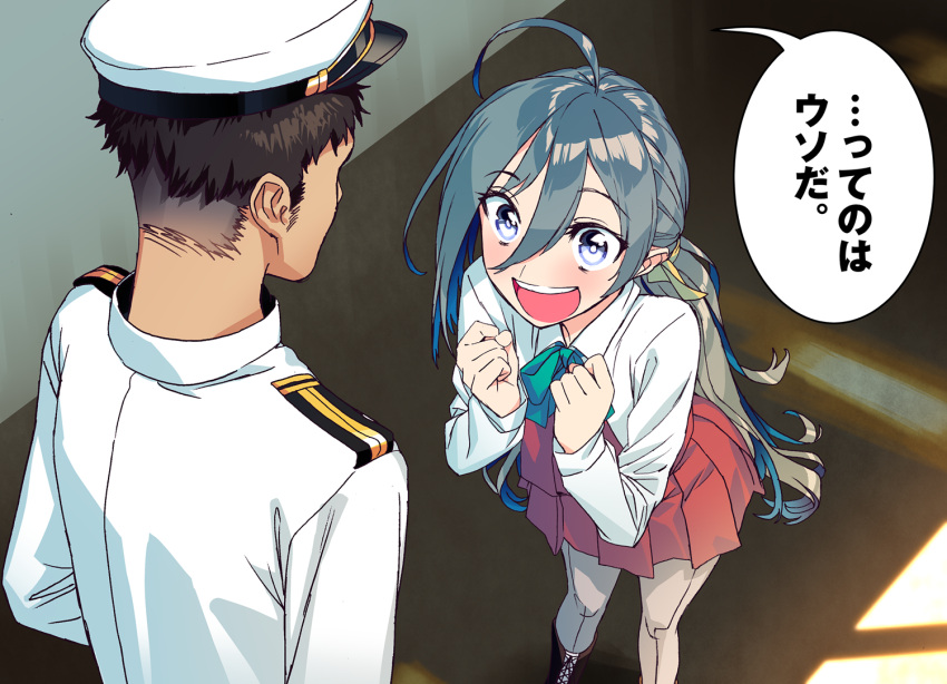 1boy 1girl admiral_(kantai_collection) blew_andwhite blue_eyes blush clenched_hands grey_hair grey_legwear hair_between_eyes kantai_collection kiyoshimo_(kantai_collection) long_hair long_sleeves military military_uniform naval_uniform uniform