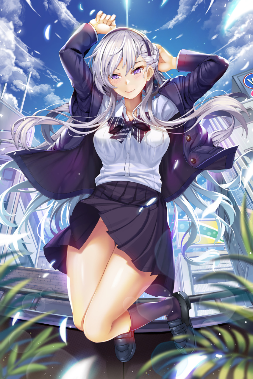 1girl absurdres alternate_costume arms_up azur_lane bangs belfast_(azur_lane) blazer blurry bow bowtie braid breasts building closed_mouth clouds cloudy_sky commentary depth_of_field fisheye french_braid glowing hairband hasaya highres jacket jumping large_breasts lens_flare long_hair looking_at_viewer no_panties pleated_skirt school_uniform shirt silver_hair skirt sky smile solo violet_eyes white_shirt wind wind_lift