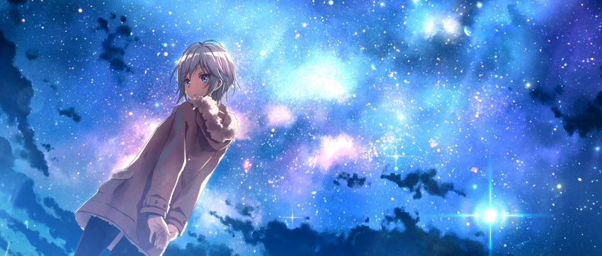 1girl anastasia_(idolmaster) arms_behind_back blue_eyes clouds coat cowboy_shot diffraction_spikes eyebrows_visible_through_hair fur_trim highres hood hood_down hooded_coat idolmaster idolmaster_cinderella_girls interlocked_fingers looking_back night night_sky own_hands_together pantyhose short_hair silver_hair sky smile solo star_(sky) starry_sky winter_clothes winter_coat yuuki_tatsuya