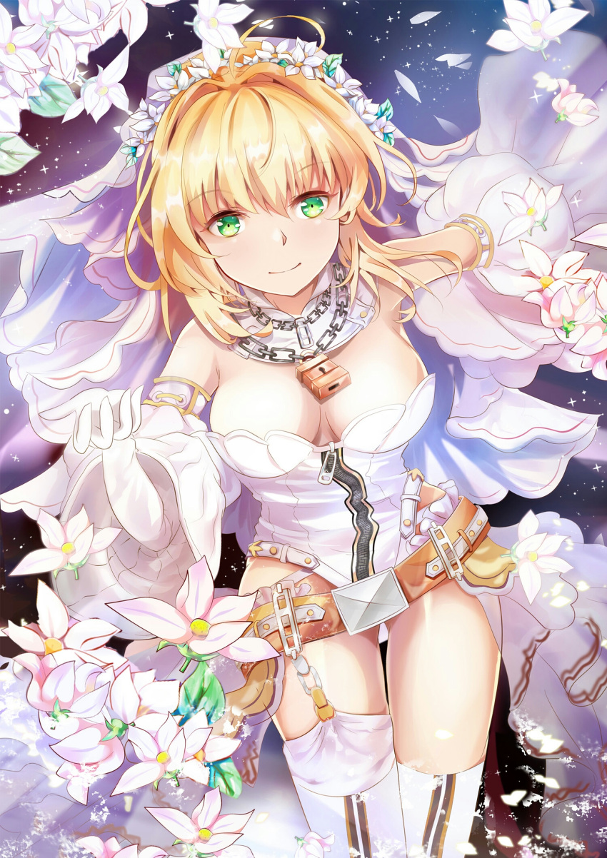 1girl ahoge bare_shoulders belt blonde_hair breasts brown_belt chains cleavage commentary_request detached_sleeves fate/extra fate/extra_ccc fate_(series) flower full-length_zipper gloves green_eyes hair_flower hair_intakes hair_ornament hand_up highres juliet_sleeves leotard lock long_sleeves medium_breasts mutang nero_claudius_(bride)_(fate) nero_claudius_(fate)_(all) padlock puffy_sleeves solo sparkle strapless strapless_leotard thigh-highs white_flower white_gloves white_legwear white_leotard wide_sleeves zipper zipper_pull_tab