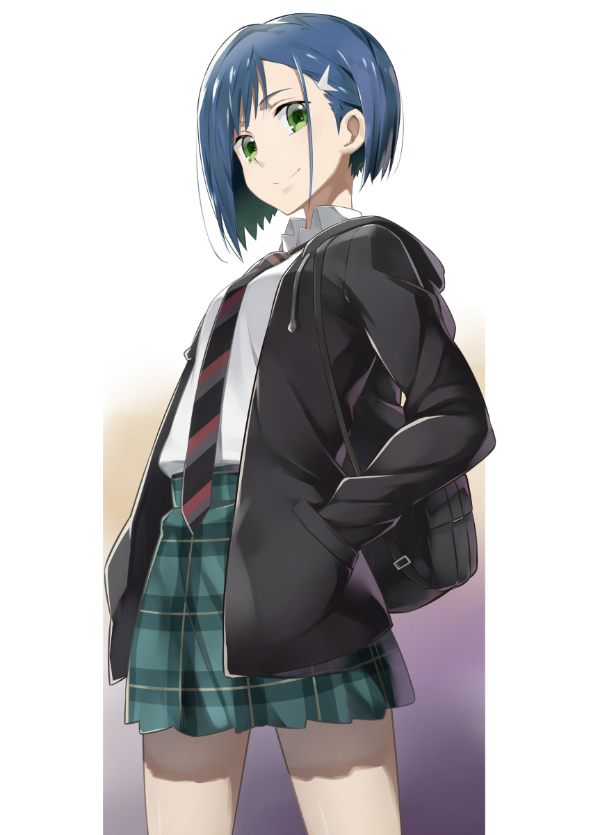 1girl absurdres bag blue_hair closed_mouth commentary_request cowboy_shot darling_in_the_franxx gradient gradient_background green_eyes hair_ornament hairclip hands_in_pockets highres hood hooded_jacket ichigo_(darling_in_the_franxx) jacket necktie plaid plaid_skirt school_uniform short_hair skirt smile solo standing straight_hair takahan