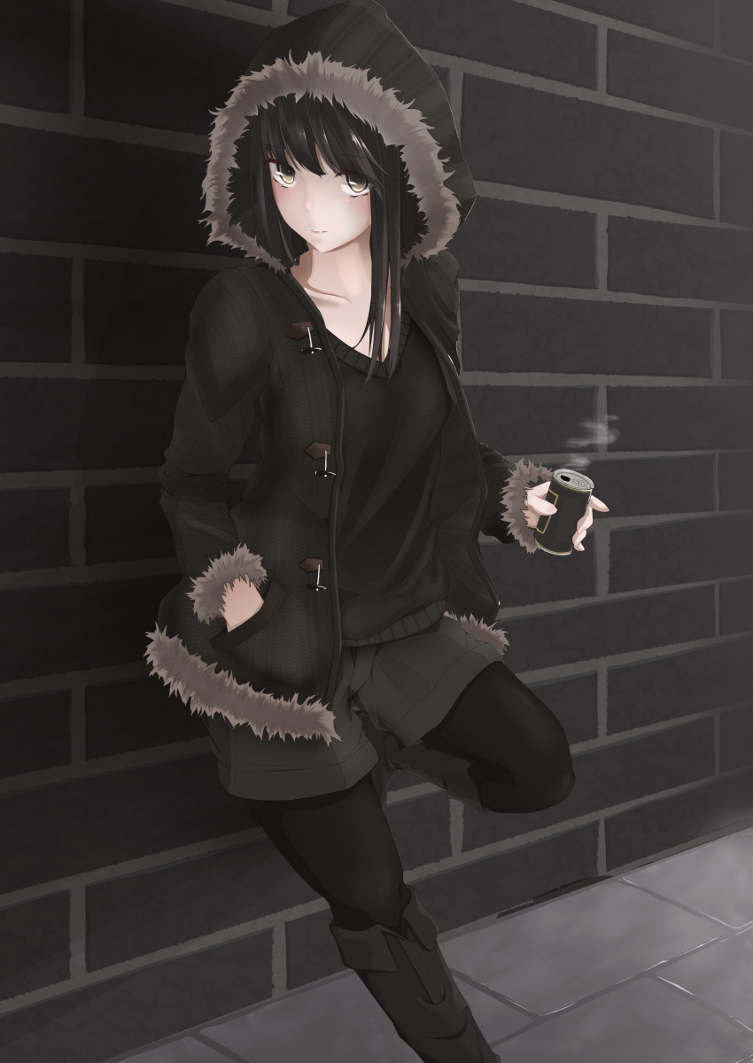 1girl absurdres against_wall black_footwear black_hair black_jacket black_legwear black_sweater boots brown_eyes can collarbone fur_trim grey_shorts hand_in_pocket highres holding holding_can hood hooded_jacket jacket knee_boots long_hari looking_at_viewer one_leg_raised original oriuo_q outdoors pantyhose pantyhose_under_shorts short_shorts shorts solo standing standing_on_one_leg steam sweater